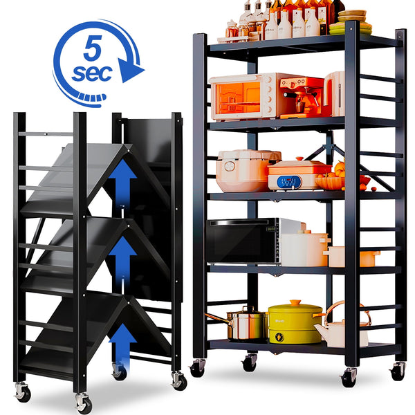 Foldable 5-Tier Metal Rack Shelving Unit, Heavy Duty Garage Storage Shelves, Easy to Move with Wheels, Ideal for Kitchen, Basement, and Pantry Organization, Black