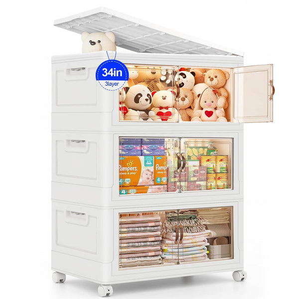 Closet Organizers and Storage - 3 Tier Stackable Plastic Bins with Lids, Wheels - Foldable, Collapsible Storage Boxes - Ideal for Clothes, Toys, Craft Supplies - Perfect for Any Room