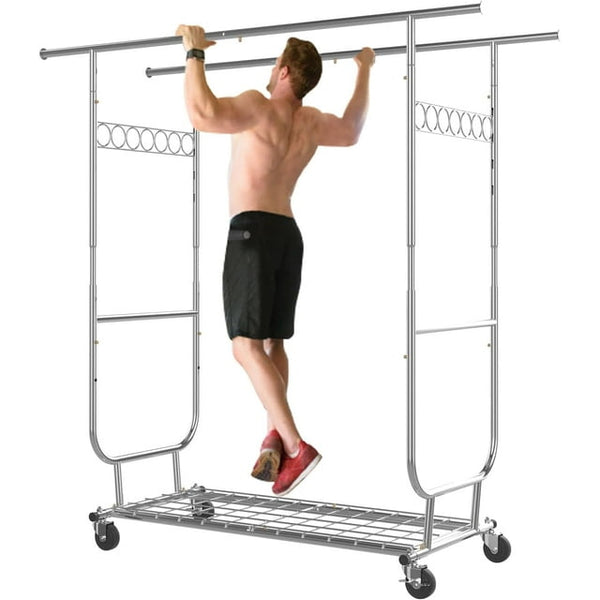 Clothes Rack Heavy Duty Load 300Lbs, Rolling Clothing Racks for Hanging Clothes, Commercial Garment Rack, Collapsible ＆ Portable Clothes Rack with Wheels and Adjustable Shelves