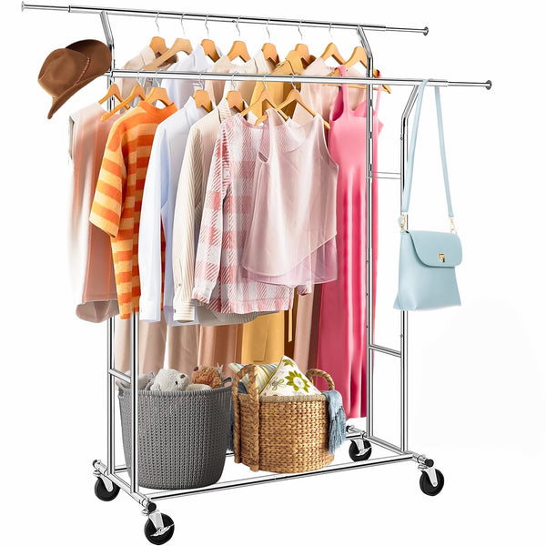 Clothes Rack Heavy Duty Load 400Lbs, Rolling Clothing Racks for Hanging Clothes, Commercial Garment Rack, Collapsible ＆ Portable Clothes Rack with Wheels and Adjustable Shelves