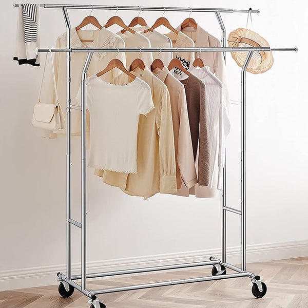Clothes Rack Heavy Duty Load 600Lbs, Rolling Clothing Racks for Hanging Clothes, Commercial Garment Rack, Collapsible ＆ Portable Clothes Rack with Wheels and Adjustable Shelves