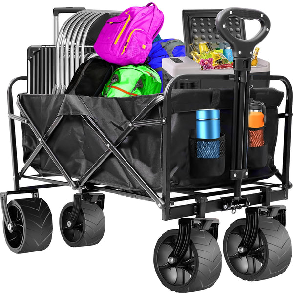 Heavy Duty Collapsible Folding Wagon Cart - All Terrain Utility Garden Cart for Camping Shopping Sports - Foldable Beach Wagon with Wheels, Extra Pocket and Storage Bag, Black