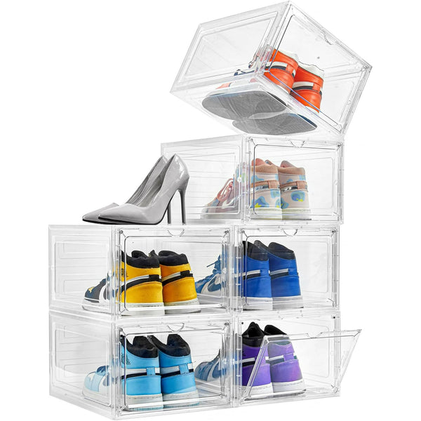 Drop Front Plastic Shoe Box with Clear Door,Set of 6,Stackable,For Display Sneakers,Easy Assembly,Fit up to US Size 12(13.4”x 10.6”x 7.4”)