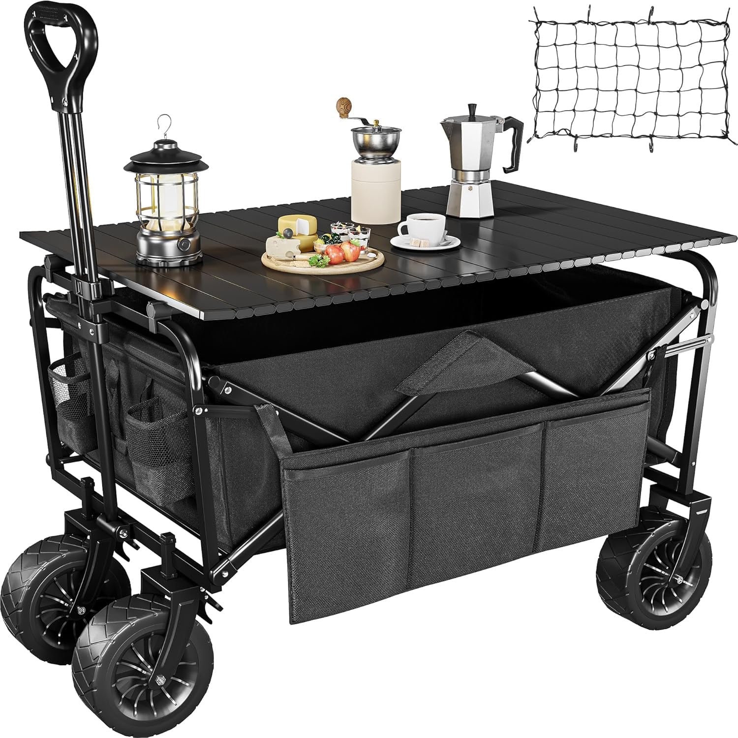 Folding Collapsible Wagon,Camping Large Capacity Heavy Duty Wagon Outdoor Park Beach Wagon Cart with Table Top,Utility Grocery Wagon for Camping Sports Outdoor Shopping Black