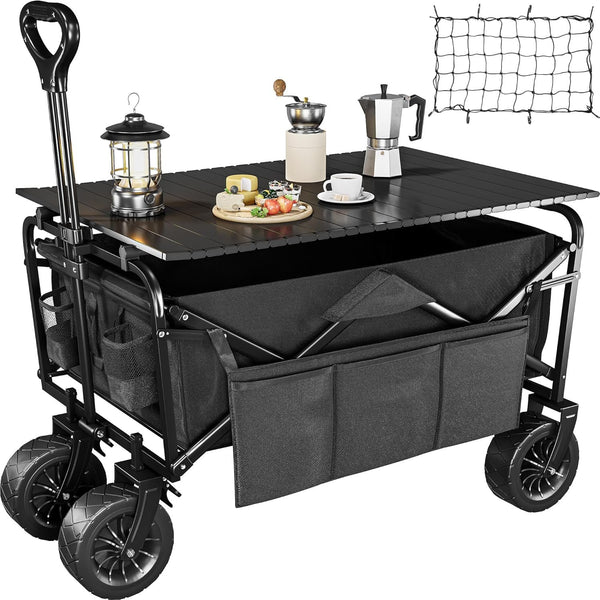 Folding Collapsible Wagon,Camping Large Capacity Heavy Duty Wagon Outdoor Park Beach Wagon Cart with Table Top,Utility Grocery Wagon for Camping Sports Outdoor Shopping Black
