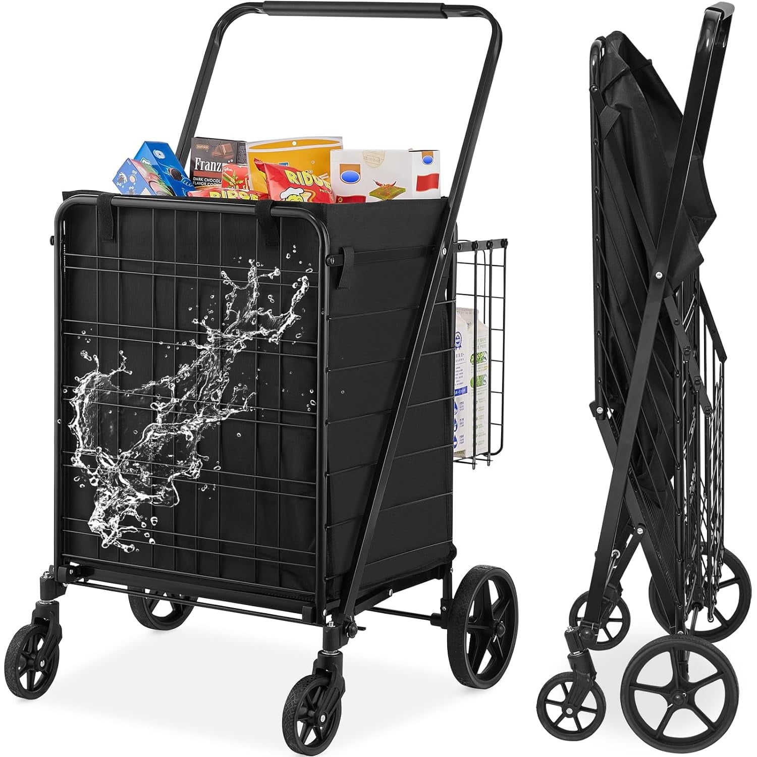Folding Shopping Cart, 350 LBS Grocery Cart on Wheels, Heavy-Duty Utility Cart with Adjustable Handle Height for Groceries, Black