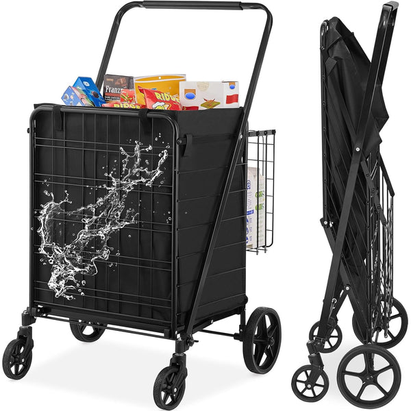 Folding Shopping Cart, 350 LBS Grocery Cart on Wheels, Heavy-Duty Utility Cart with Adjustable Handle Height for Groceries, Black