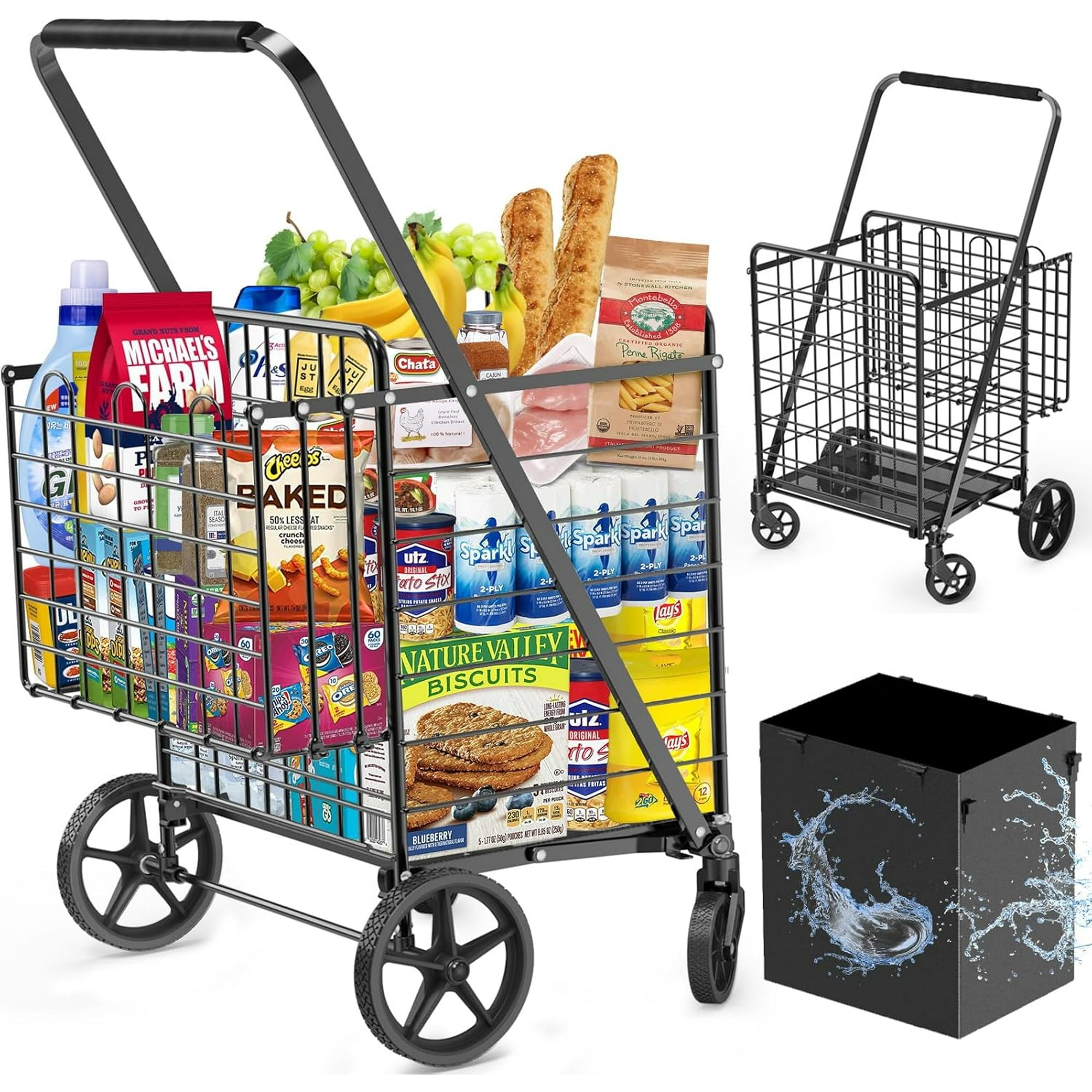 Folding Shopping Cart Utility Trolley Jumbo Basket with Swivel Wheels, Black