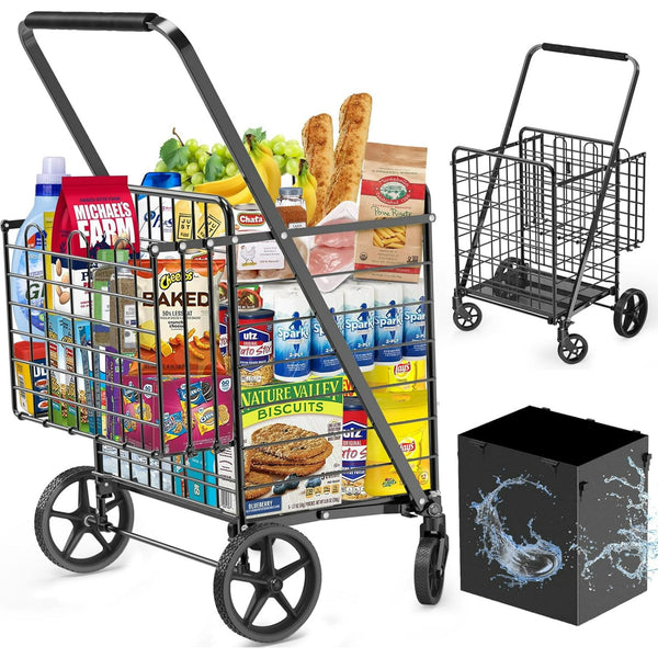 Folding Shopping Cart Utility Trolley Jumbo Basket with Swivel Wheels, Black