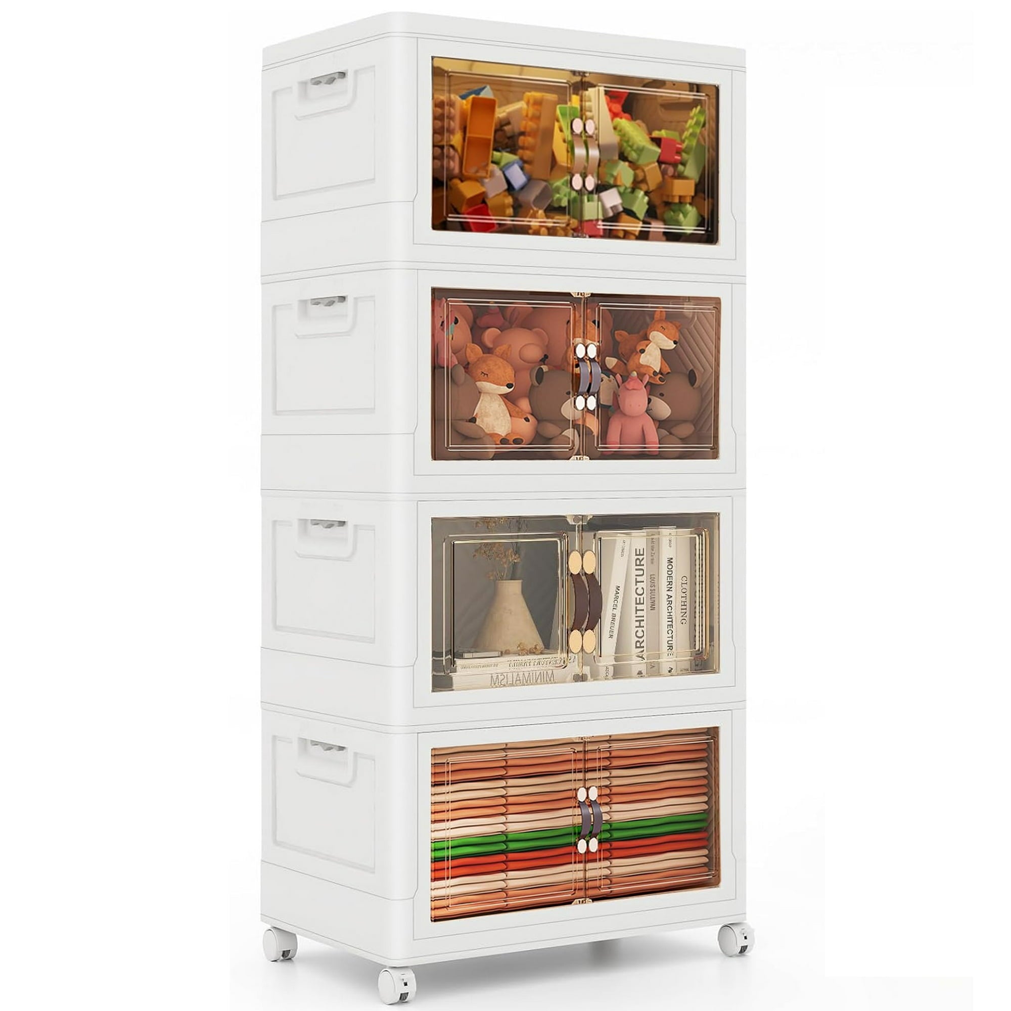 Closet Organizers and Storage - 4 Tier Stackable Plastic Bins with Lids, Wheels - Foldable, Collapsible Storage Boxes - Ideal for Clothes, Toys, Craft Supplies - Perfect for Any Room