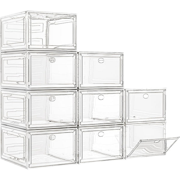 Large Clear Shoe Boxes Organizer【Thicker Material】Stronger Shoe Box with Magnetic Door, Stackable Shoe Storage Box for Closet, Foldable Space-Saving Storage Bins Shoe Cabinet, Clear White【9-Pack】