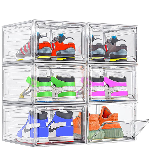Clear Plastic Shoe Organizer with Magnetic Door, Stackable Shoe Storage Boxes for Closet, Durable and Space-Saving Shoe Containers, Fits US Size 13, 6 Pack for Sneakers and Boots,Whiet