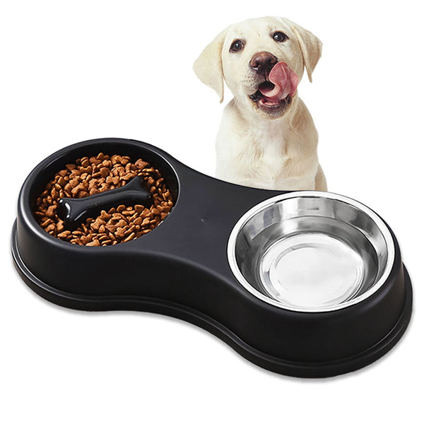 PETIMI Dog Bowls, Slow Feeder Dog Bowls 2 in 1 Stainless Steel Dog Food and Water Bowls, Pet Feeder Bowls for Cats and Small to Medium Dogs （Black）