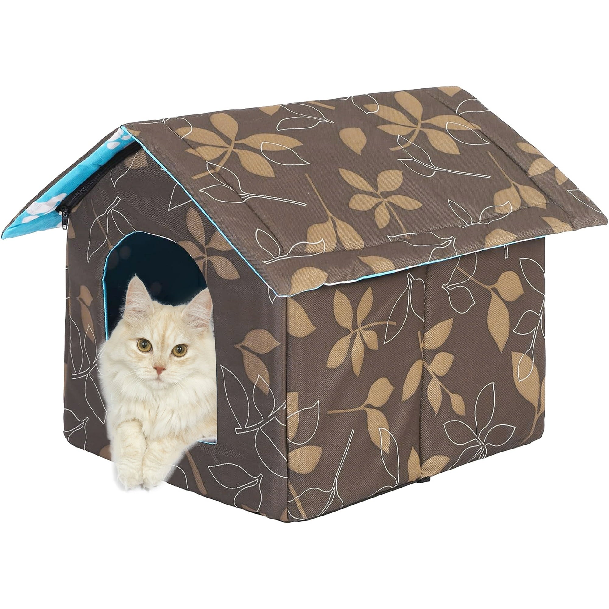 PETIMI Outdoor Cat House, Foldable Cat Bed Cave, Easy to Assemble Cat Tent, Weatherproof Shelter for Cats Dogs - Brown, Medium