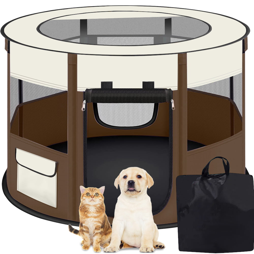 PETIMI Portable Pet Playpen, Foldable Dog Playpen Cat Playpen, Pet Tent for Indoor Outdoor Travel Camping Use - Brown, Small