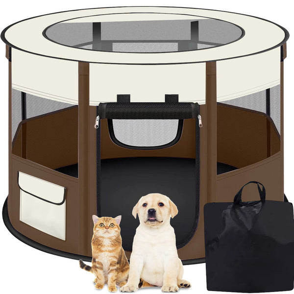 PETIMI Portable Pet Playpen, Foldable Dog Playpen Cat Playpen, Pet Tent for Indoor Outdoor Travel Camping Use - Brown, Small