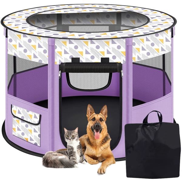 PETIMI Portable Pet Playpen, Foldable Dog Playpen Cat Playpen, Pet Tent for Indoor Outdoor Travel Camping Use - Purple, Medium