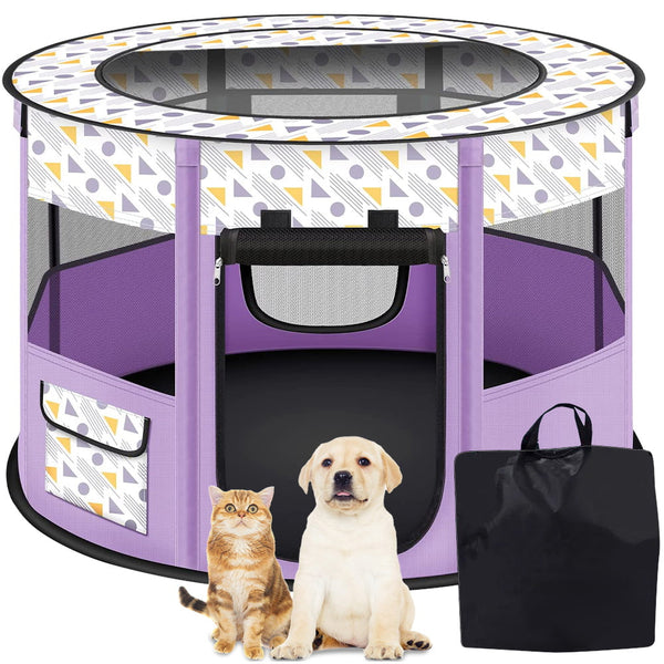 PETIMI Portable Pet Playpen, Foldable Dog Playpen Cat Playpen, Pet Tent for Indoor Outdoor Travel Camping Use - Purple, Small