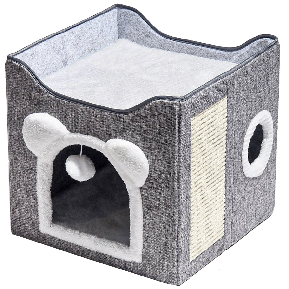Petimi Cat House, Cute Cube Cats Bed with Scratching Board, Dangling Toy Ball, 15.4x15.4x15 inches