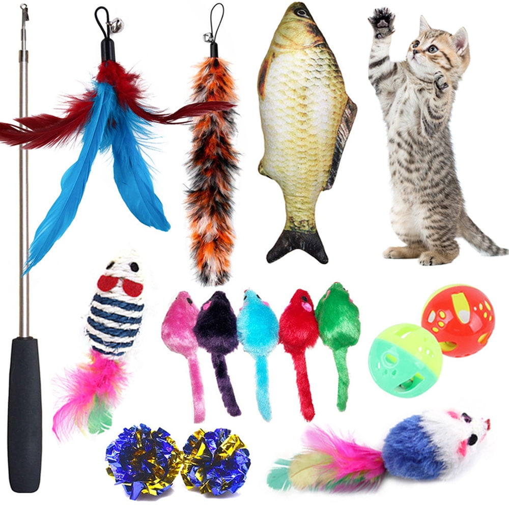 Petimi Cat Toys Set, 15 Pcs of Interactive Toys for Cats, Cat Retractable Teaser Wand, Fluffy Mice, Toy Fish, Bell Ball, Crinkle Balls