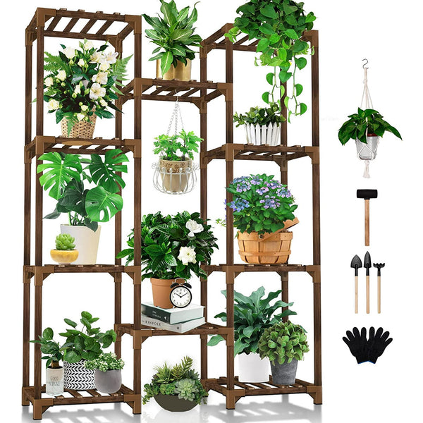 Plant Stand Indoor Outdoor, Tall Plant Shelf for Multiple Plants, 10 tiers 11 Pot Large Plant Rack Wood Plant Holder Plant Shelves for Room Corner Balcony Garden Patio