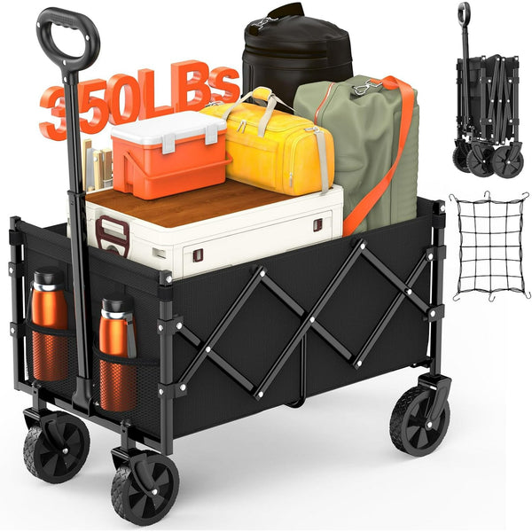 Portable Foldable Wagon Cart, Heavy Duty Beach Cart - All Terrain Wheels, Collapsible Design, Black