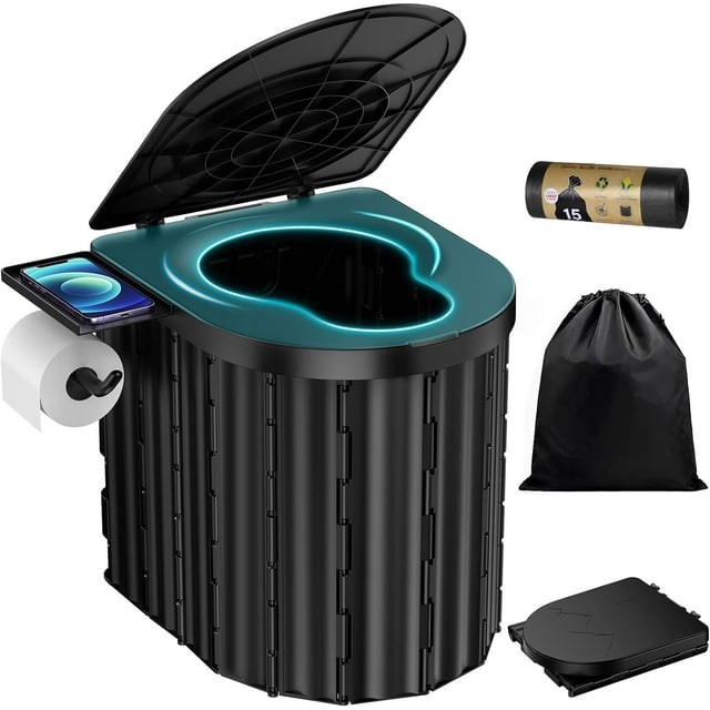 Indoor Outdoor Commode w/Detachable Inner Bucket & Removable Paper Holder, Lightweight & Compact for Camping, Boat, Van, Emergency Use,Black