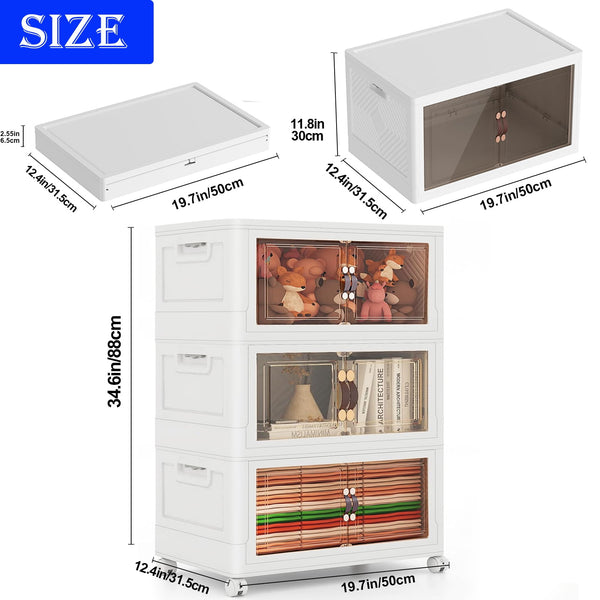 Premium 3 Tier Stackable Plastic Storage Bins with Lids - Foldable Closet Organizers and Storage - Versatile Storage Containers with Wheels for Home, Office, Dorm - Perfect for Clothes, Crafts