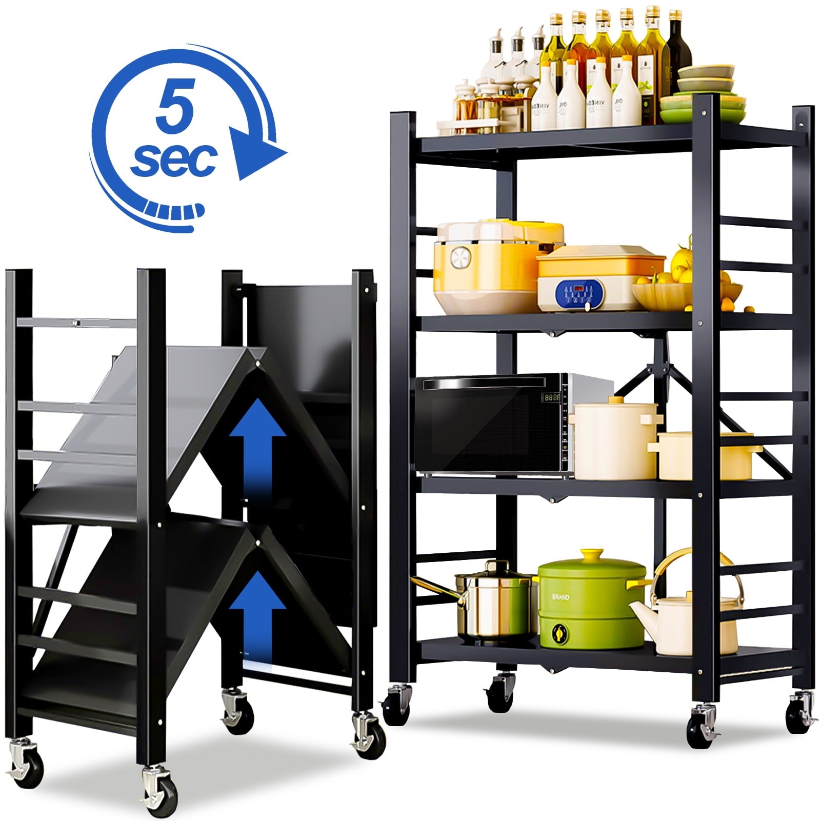 Storage Shelving Units, 4-Tier Metal Storage Shelves Rack with Wheels, Easy to Fold, No Assembly Required, Ideal for Kitchen, Basement, Pantry Organization, Black