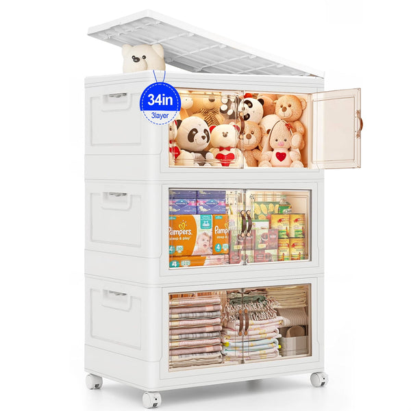 Closet Organizers and Storage - 3 Tier Stackable Plastic Bins with Lids, Wheels - Foldable, Collapsible Storage Boxes - Ideal for Clothes, Toys, Craft Supplies - Perfect for Any Room