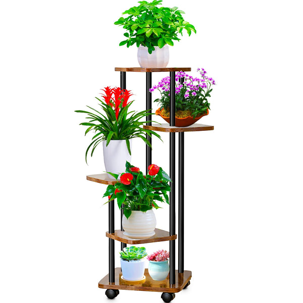 VerdantVibes Indoor Plant Stand 5 Tier with 360° Swivel Wheels – Elegant Tall Plant Shelf for Multiple Flower Pots, Corner Storage Organizer for Living Room, Bedroom, Patio, and Garden