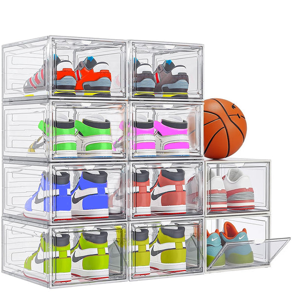 Clear Plastic Shoe Organizer with Magnetic Door, Stackable Shoe Storage Boxes for Closet, Durable and Space-Saving Shoe Containers, Fits US Size 13, 10 Pack for Sneakers and Boots,White