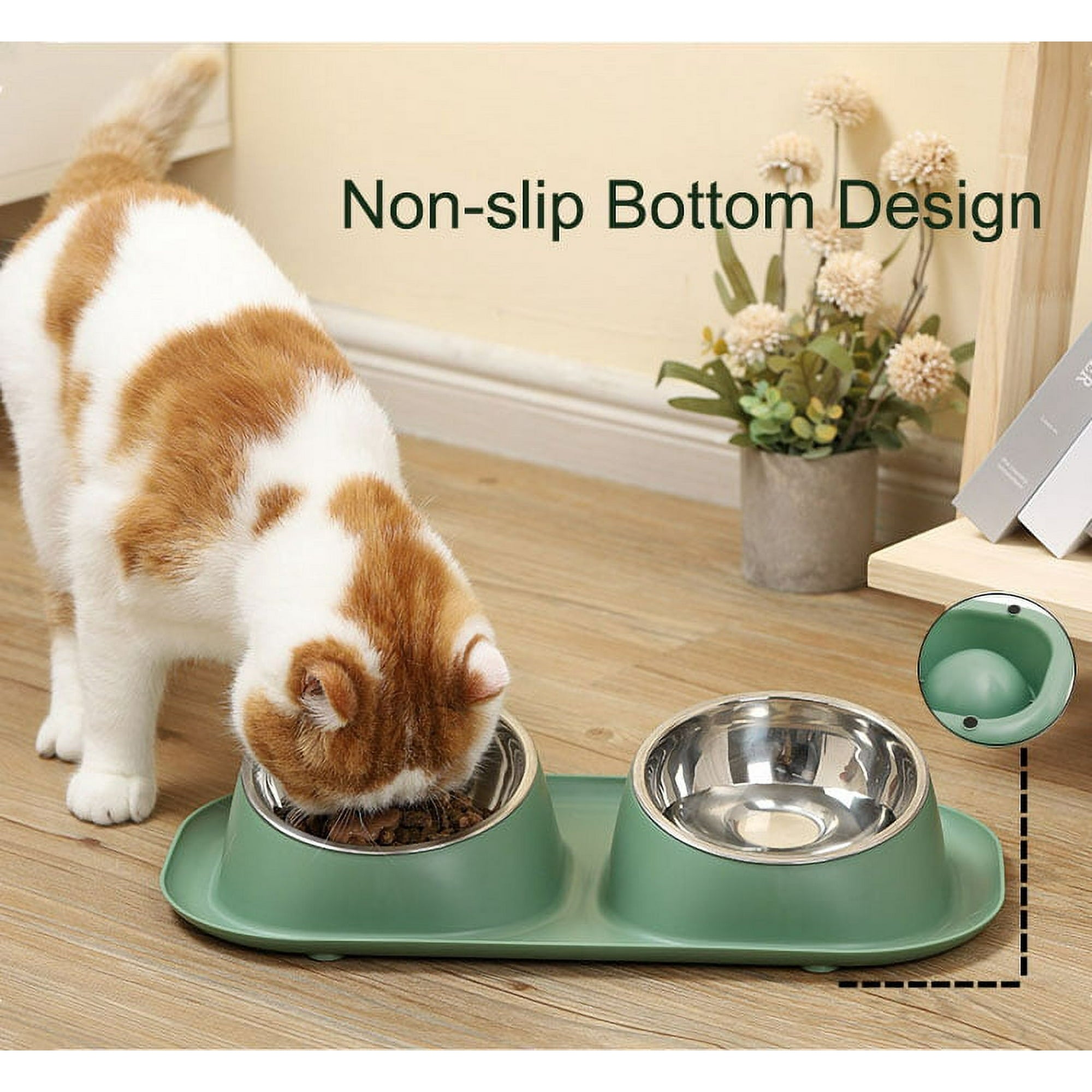 PETIMI Cat Bowl, Small Dog Bowls, Cat Food Bowl with 2 Removable Stainless Steel Feeding Bowls, Suitable for Small and Medium Sized Pets（Green）