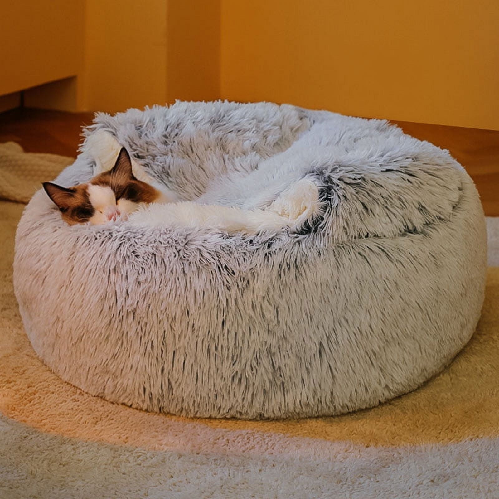 Petimi Cat Bed, Round Cat Bed with Cover, Fluffy Long Plush Cat Bed for Cats and Small Dogs, 25.6''