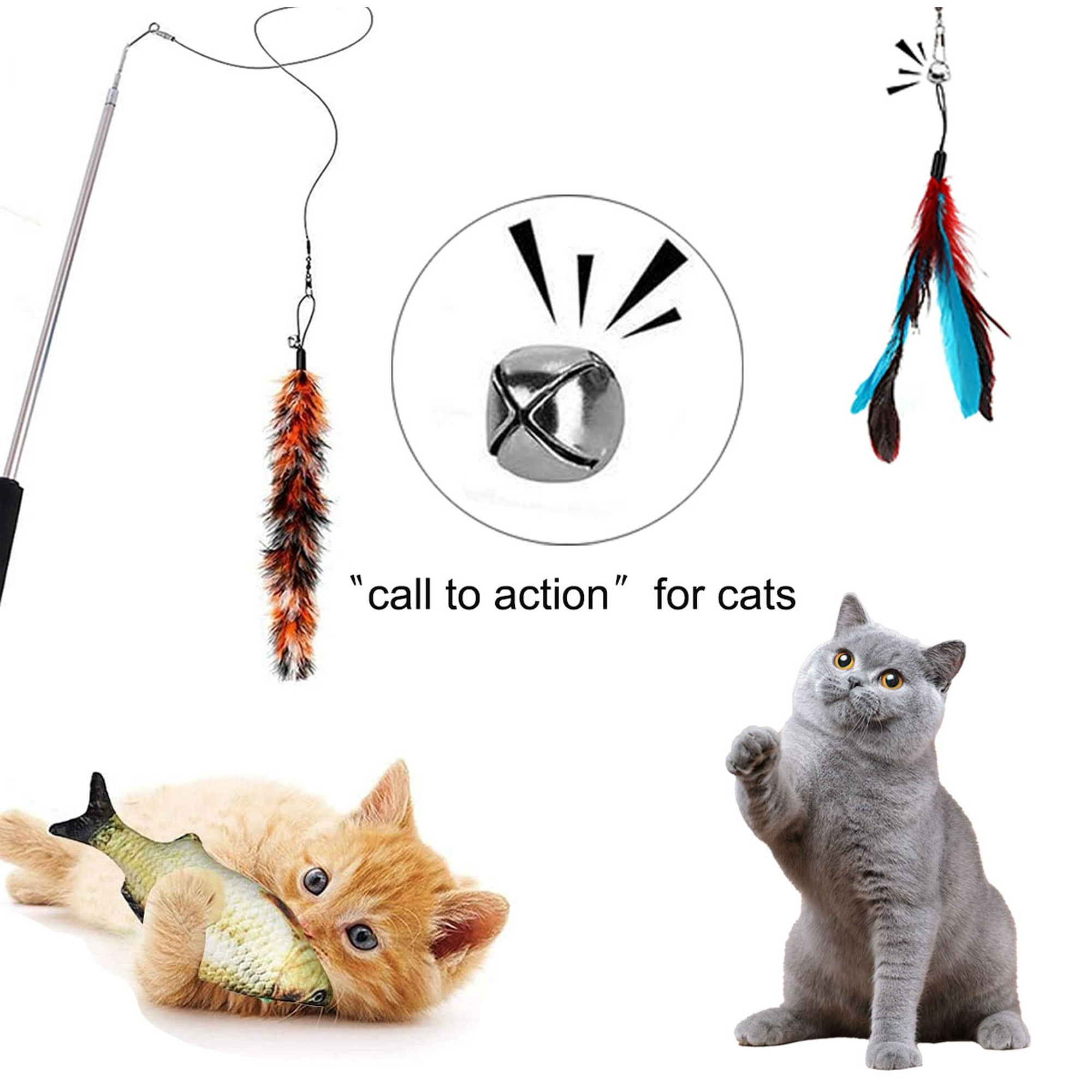 Petimi Cat Toys Set, 15 Pcs of Interactive Toys for Cats, Cat Retractable Teaser Wand, Fluffy Mice, Toy Fish, Bell Ball, Crinkle Balls