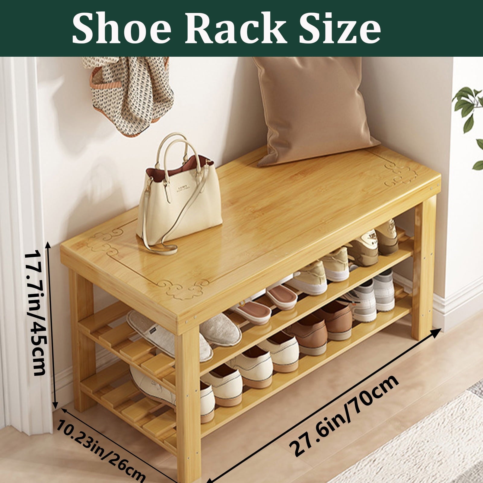 Bamboo Shoe Rack Bench, 3-Tier Entryway Storage Organizer, Wooden Shoe Rack for Front Door, Entryway Shoe Bench for Closet, Bedroom, Living Room, or Hallway