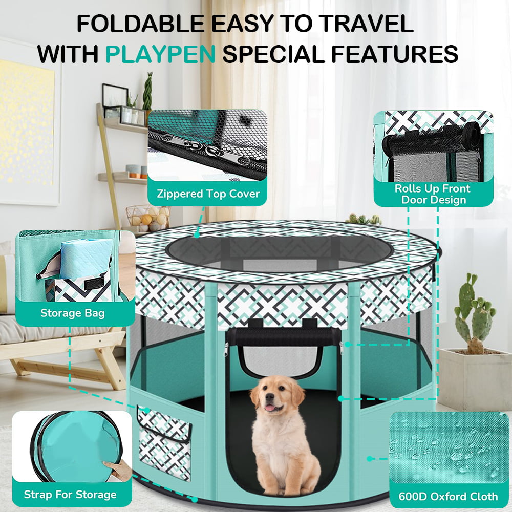 Petimi Portable Pet Playpen, Foldable Dog Playpen Cat Playpen, Pet Tent for Indoor Outdoor Travel Camping Use - Green, Small