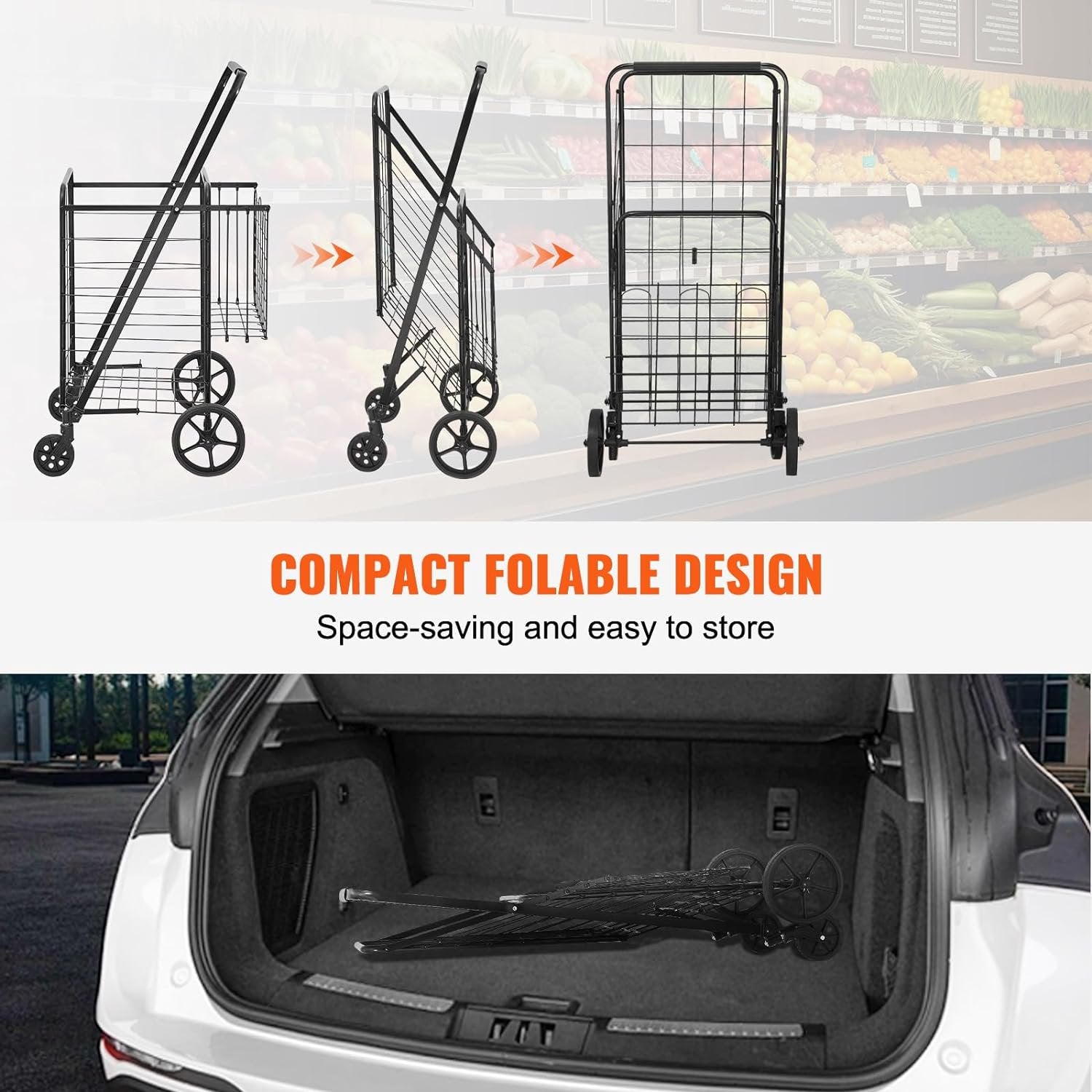 Folding Shopping Cart, Jumbo Grocery Cart with Double Baskets, 360° Swivel Wheels, Heavy Duty Utility Cart, 110 LBS Large Capacity Utility Cart for Laundry, Shopping, Grocery, Luggage