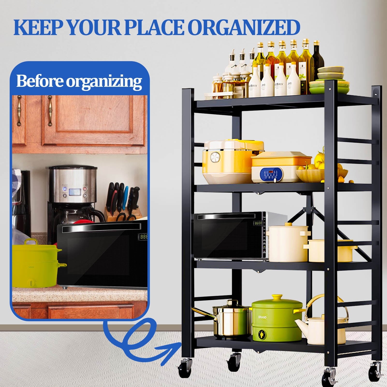 Storage Shelving Units, 4-Tier Metal Storage Shelves Rack with Wheels, Easy to Fold, No Assembly Required, Ideal for Kitchen, Basement, Pantry Organization, Black