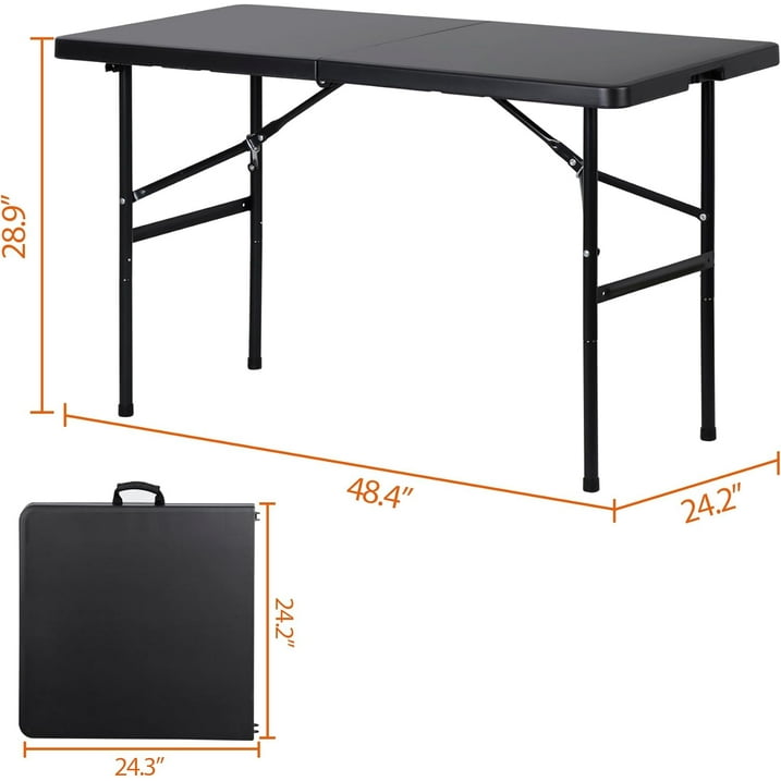 Camkey Fold-in-Half Banquet Table w/Handle, 4 ft, Black