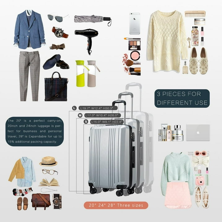 Luggage Sets 3 Piece PC+ABS Durable Suitcase Double Wheels TSA Lock, 20/24/28 inches