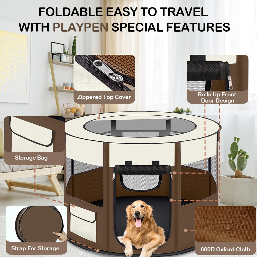 Petimi Portable Pet Playpen, Pet Tent for Indoor Outdoor Travel Camping Use - Brown, Medium