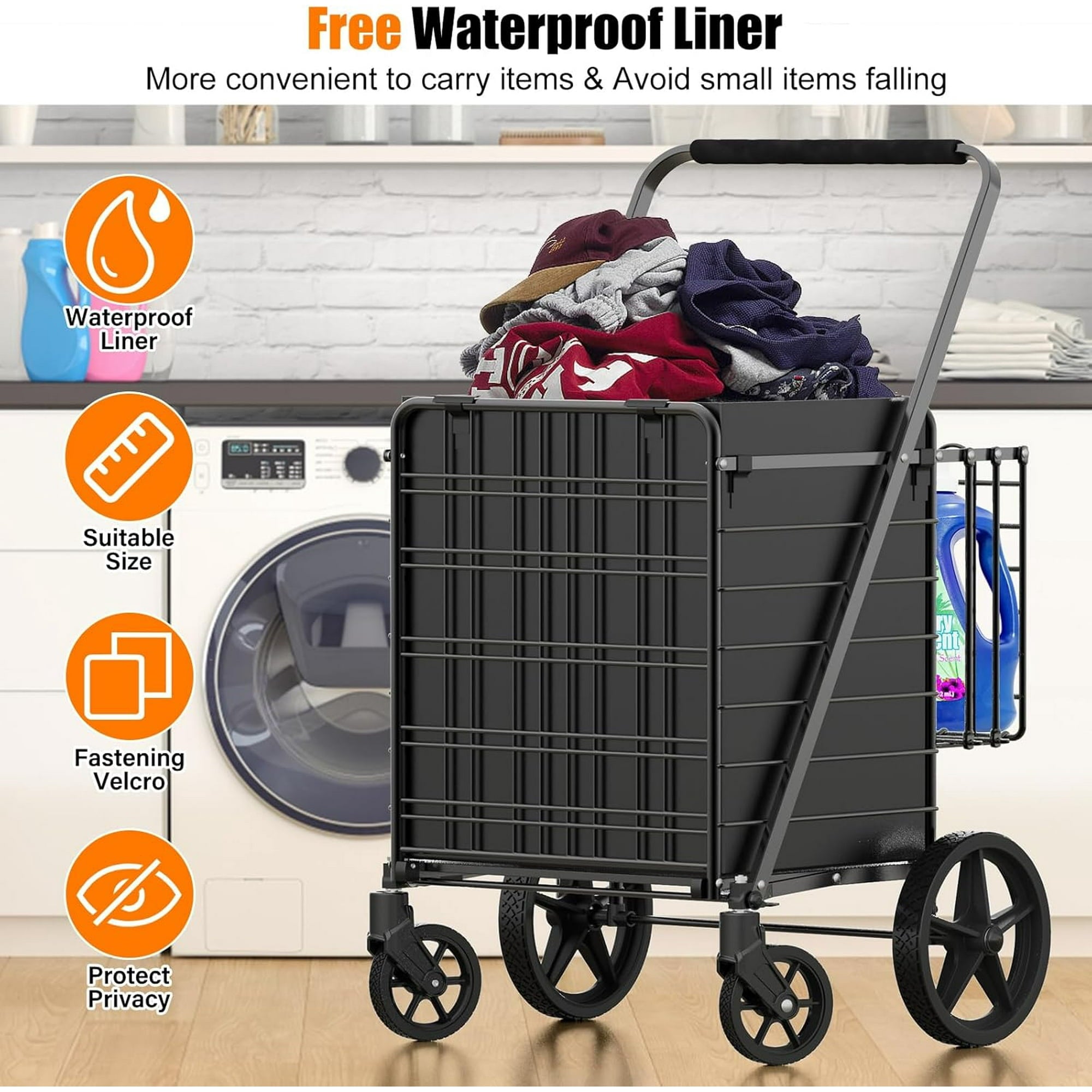 Folding Shopping Cart Utility Trolley Jumbo Basket with Swivel Wheels, Black