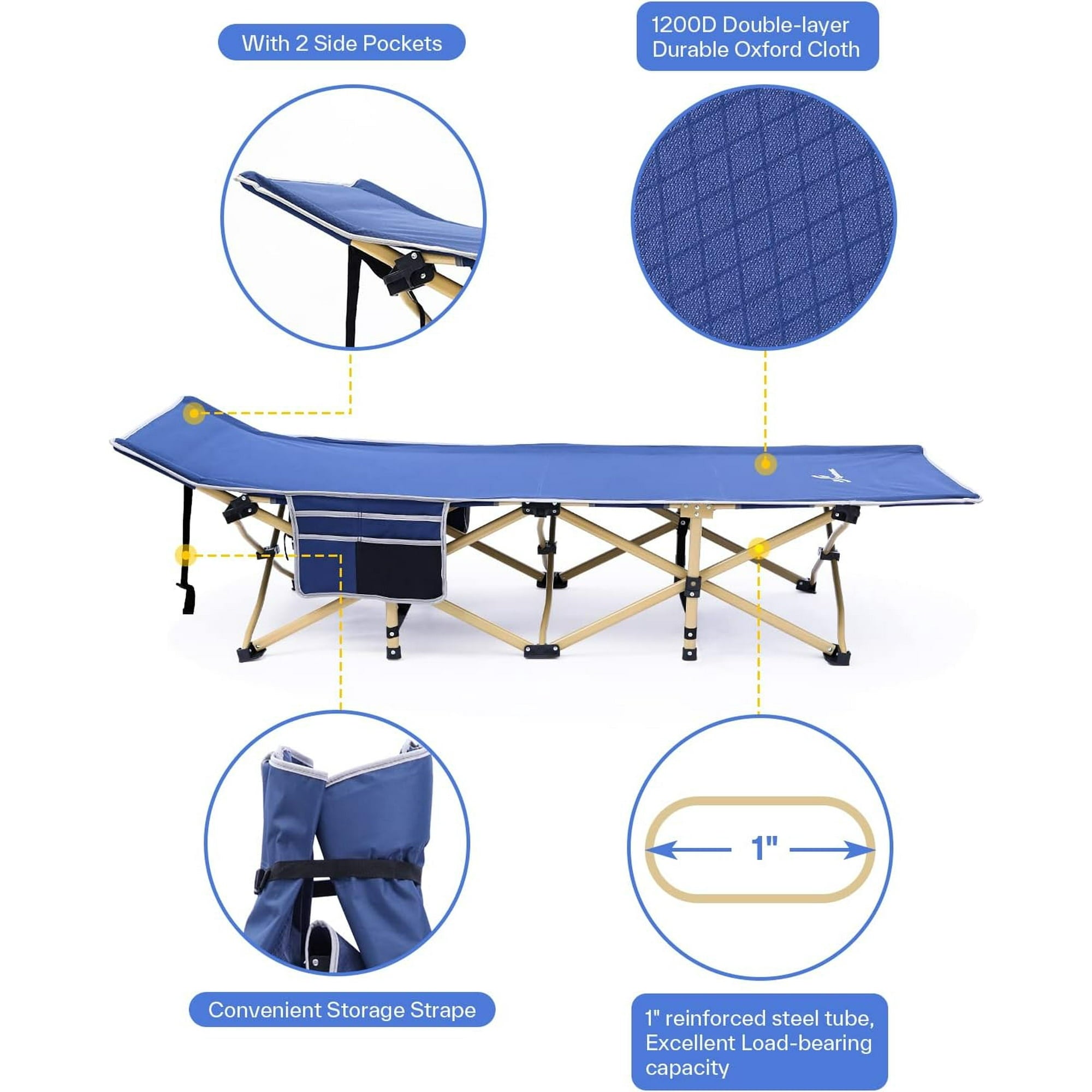 Camping Cot: 1200D Double Layer Oxford Camping Cots for Adults - Heavy-Duty Foldable Cots for Camping Travel Tent Day Outdoor & Home Guest, Camping Cots with Mattress Carry Bag & 2 Pockets