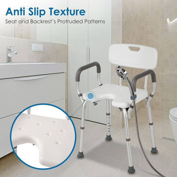 Shower Chair Seat with Padded Armrests and Back Heavy Duty Shower Chair for Bathtub Slip Resistant Shower Seat with Adjustable Height Shower Chair for Inside Shower with 350 lb Capacity