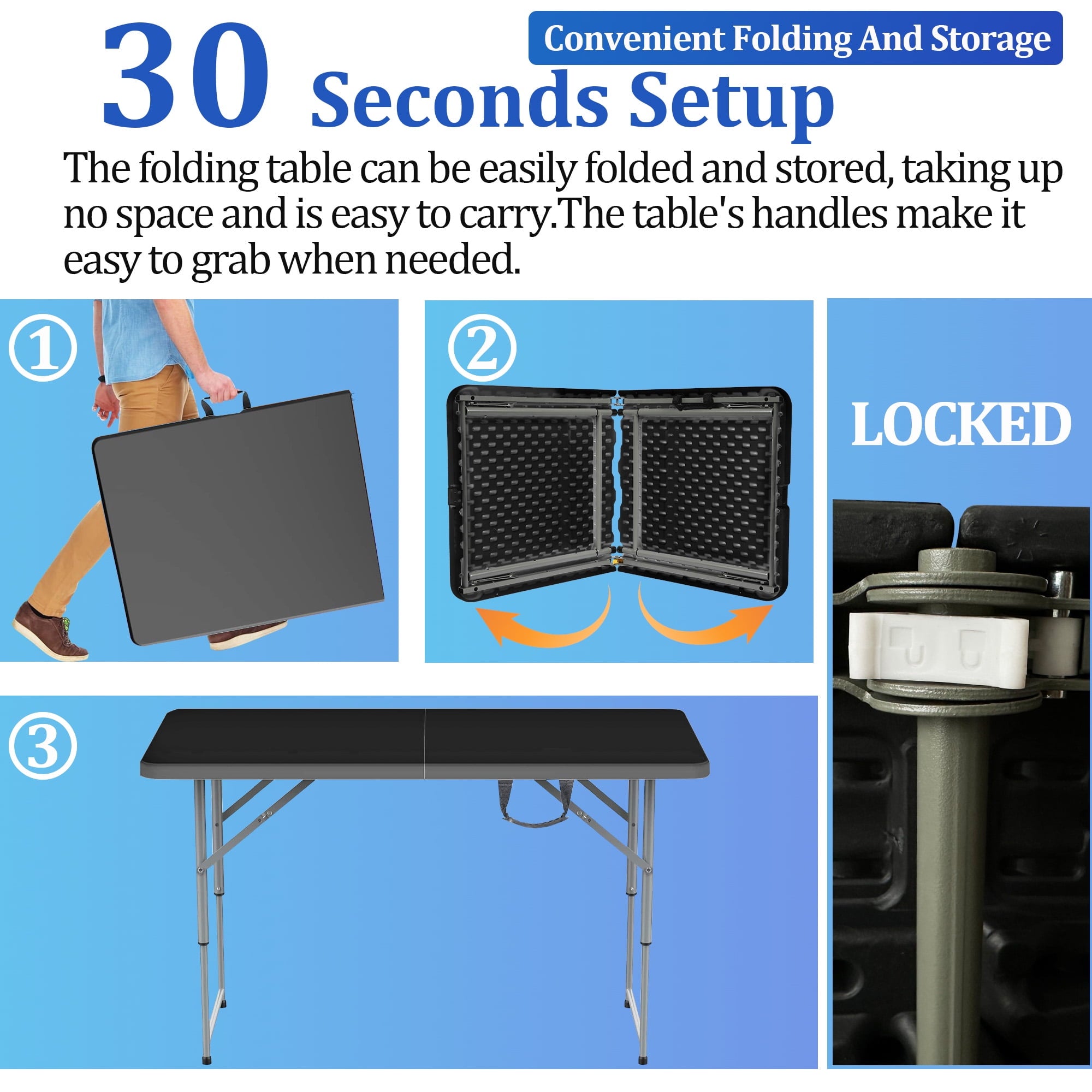 Folding Table 4 Foot – Compact, Foldable, and Stylish for Indoor and Outdoor Dining, Parties, and Camping – Portable and Durable, Ideal for Every Occasion,Black