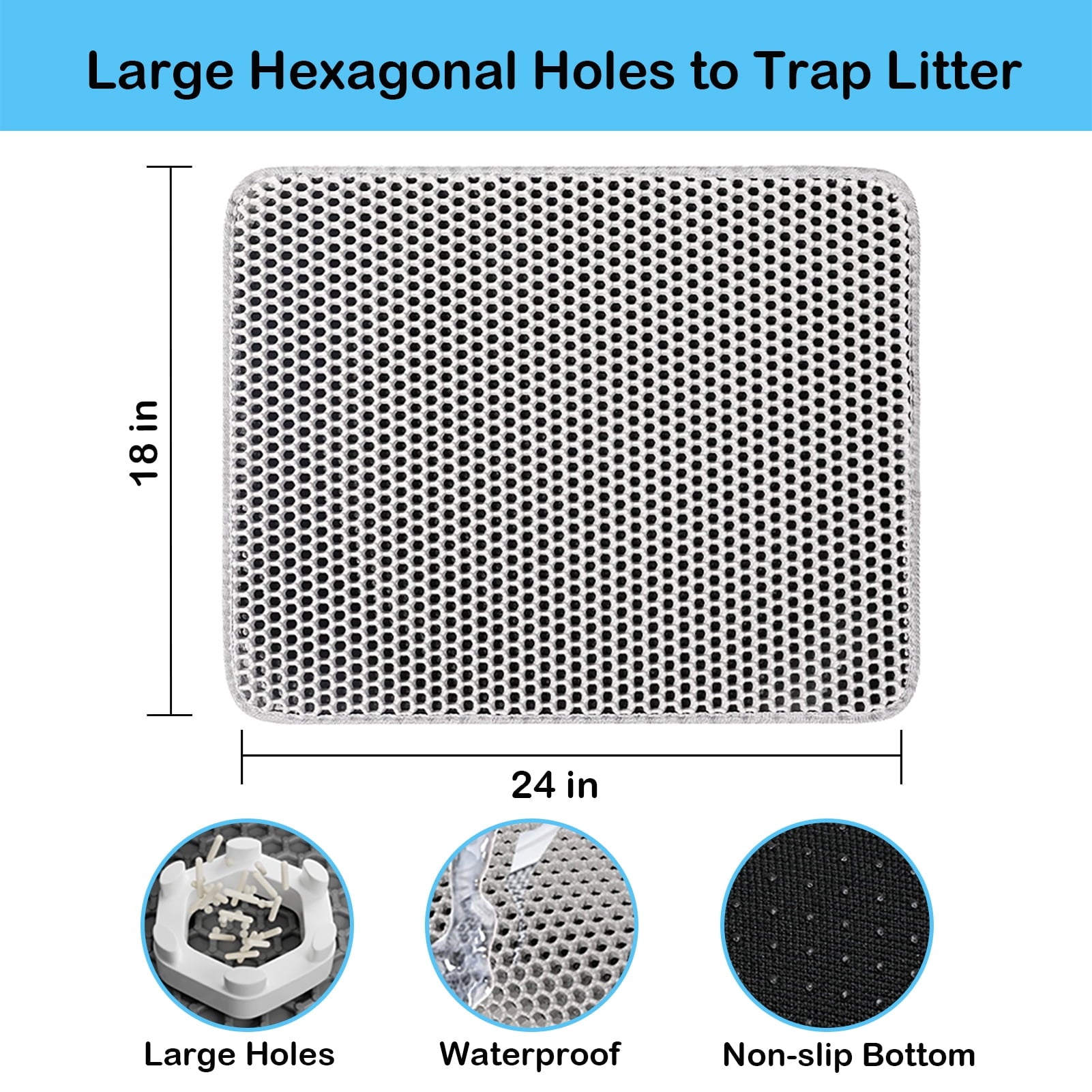 Petimi Cat Litter Mat, Honeycomb Double Layer Non-Slip Cat Litter Trapping Mats, 24''X18'', Gray