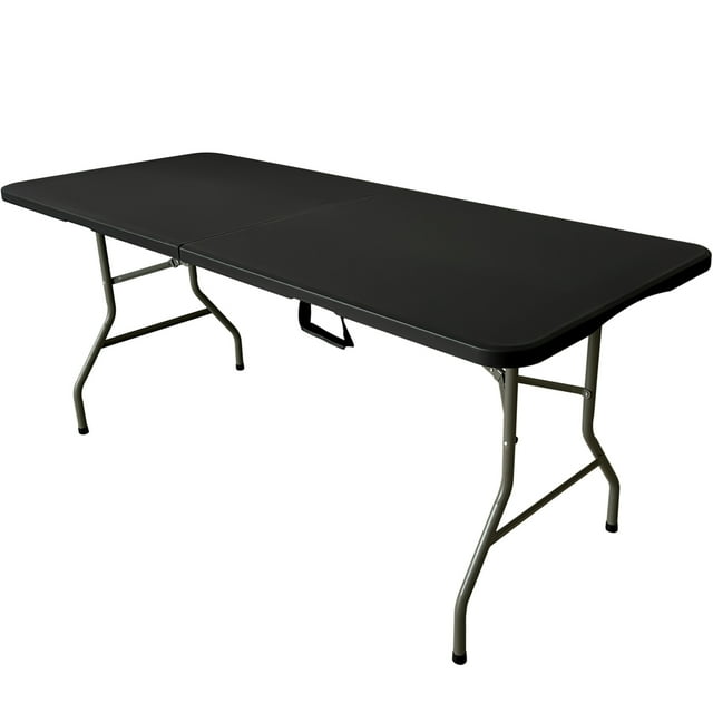 6FT Folding Table, Portable Plastic Design with Powder-Coated Steel Legs – Ideal for Picnics, Parties, Office and Camping – Convenient Carry Handle for Easy Transportation, Black
