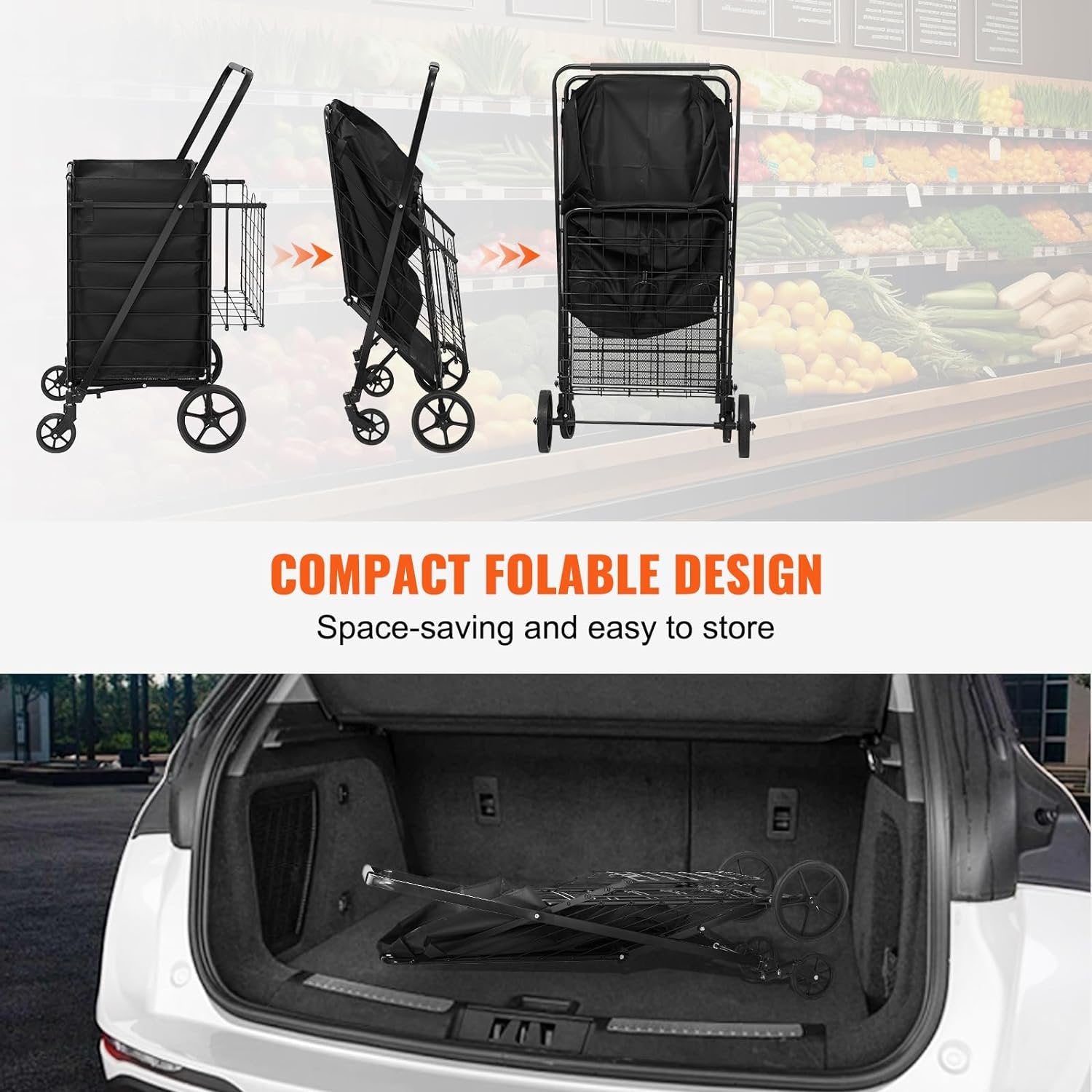 Folding Shopping Cart, 350 LBS Grocery Cart on Wheels, Heavy-Duty Utility Cart with Adjustable Handle Height for Groceries, Black