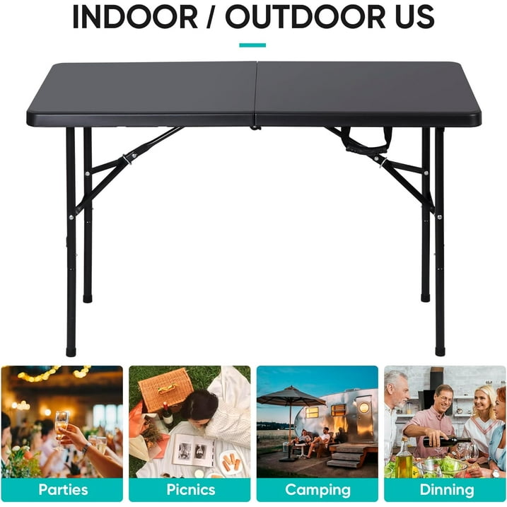 Camkey Fold-in-Half Banquet Table w/Handle, 4 ft, Black